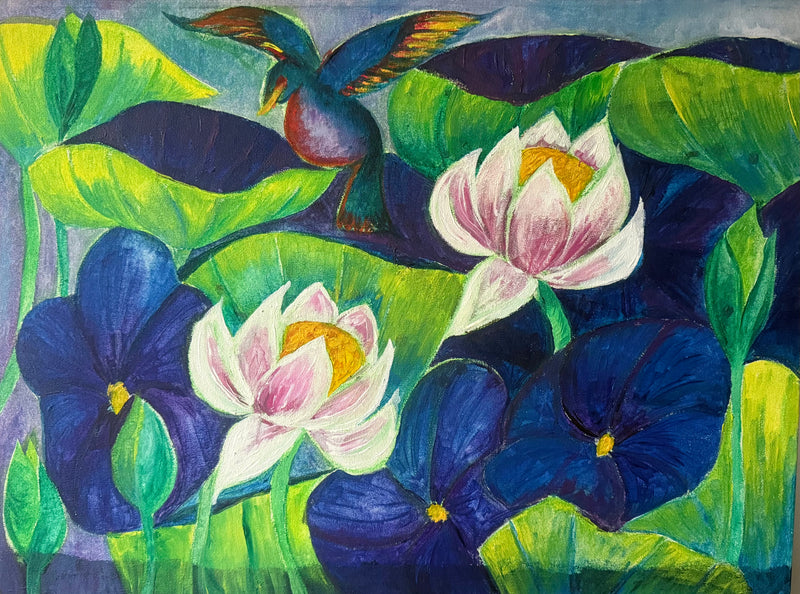 Water Lilies & Bird by Liza Savage-Katz